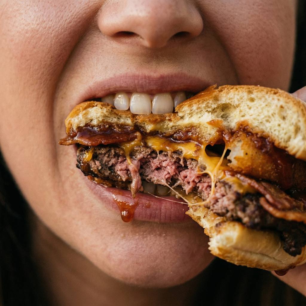 Woman biting a burger