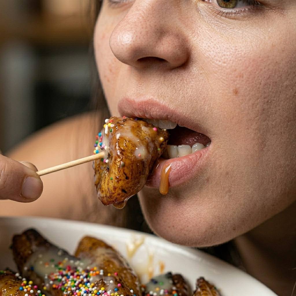 Woman biting a dessert